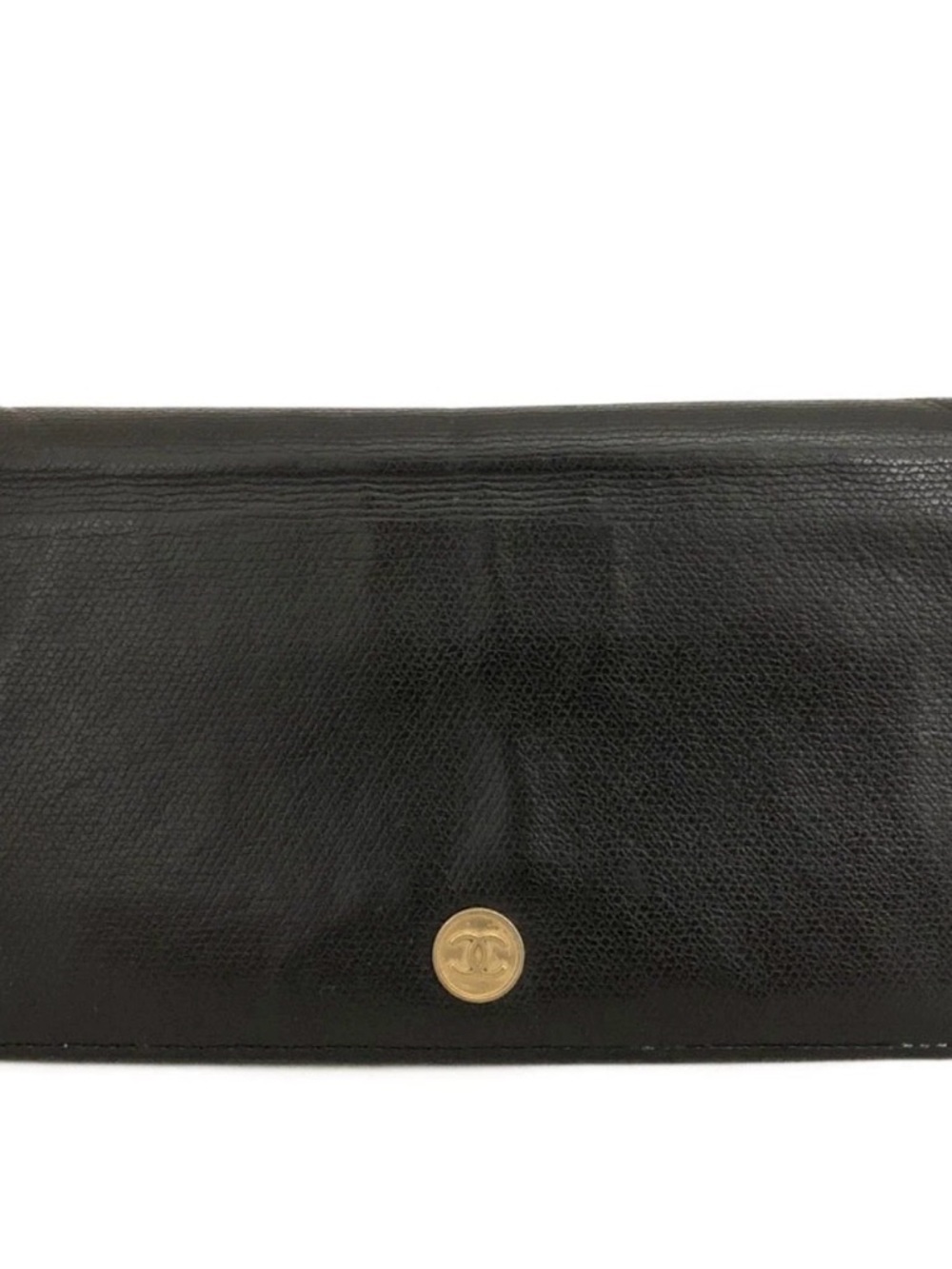 CHANEL Black Leather Envelope Clutch with Gold CC Medallion
